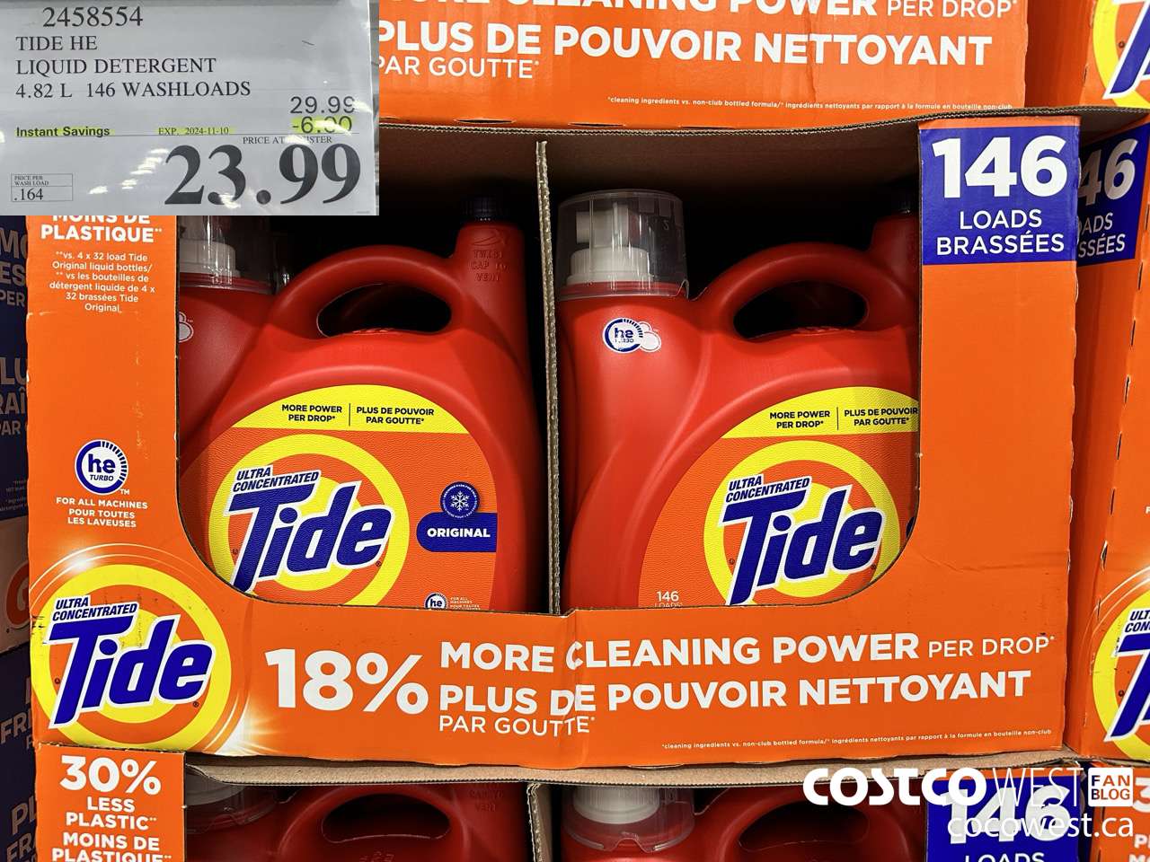 2458554 TIDE HE LIQUID DETERGENT 4.82 L 146 WASHLOADS ($6.00 INSTANT SAVINGS EXPIRES ON 2024-11-10) $23.99