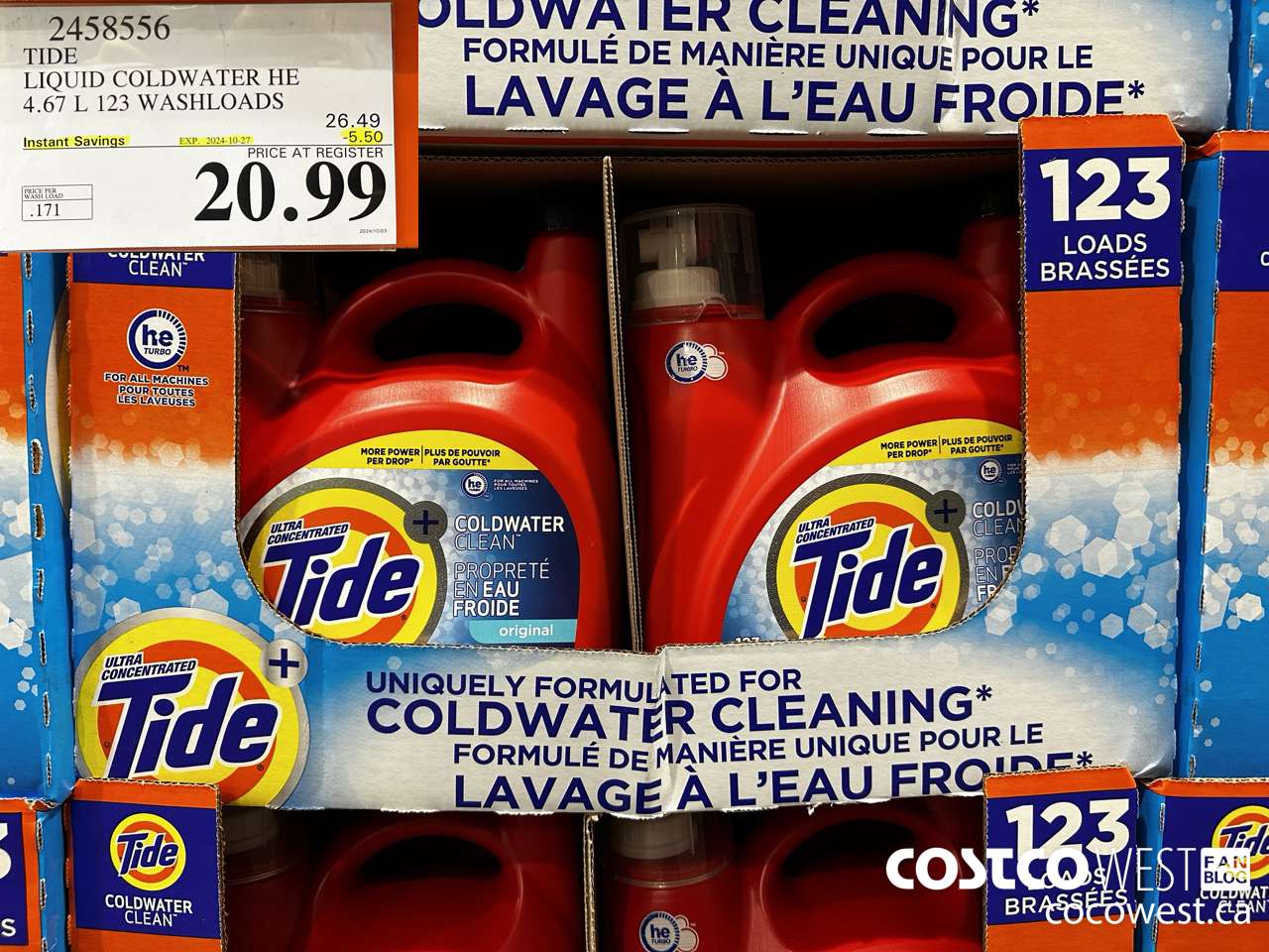 2458556 TIDE LIQUID COLDWATER HE 4.67 L 123 WASHLOADS ($5.50 INSTANT SAVINGS EXPIRES ON 2024-10-27) $20.99