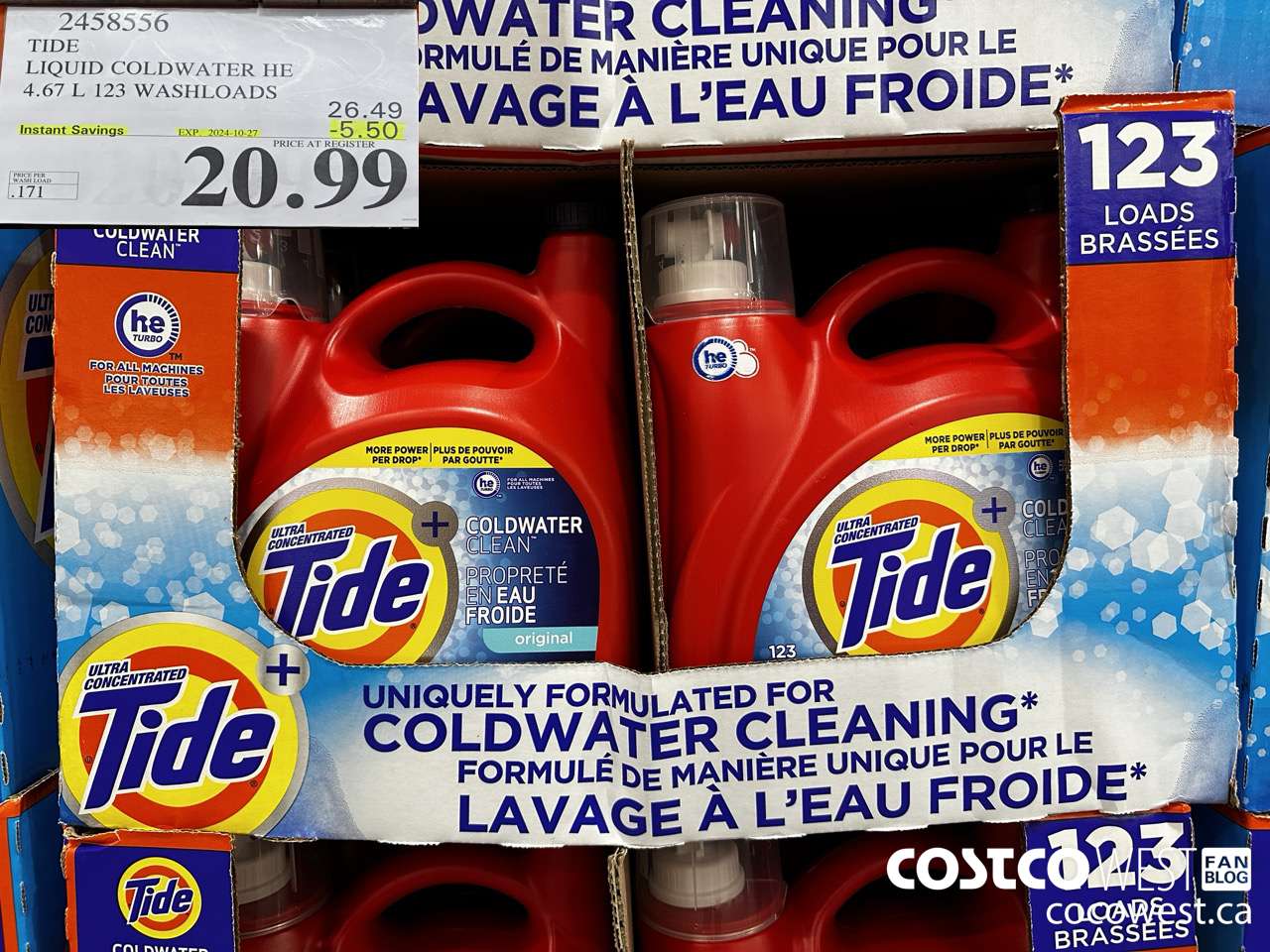 2458556 TIDE LIQUID COLDWATER HE 4.67 L 123 WASHLOADS ($5.50 INSTANT SAVINGS EXPIRES ON 2024-10-27) $20.99