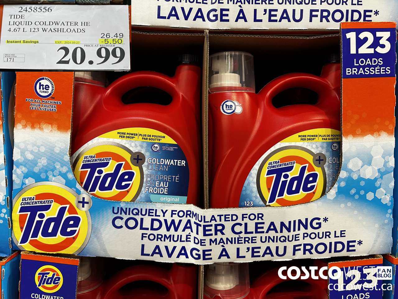 2458556 TIDE LIQUID COLDWATER HE 4.67 L 123 WASHLOADS ($5.50 INSTANT SAVINGS EXPIRES ON 2024-10-27) $20.99