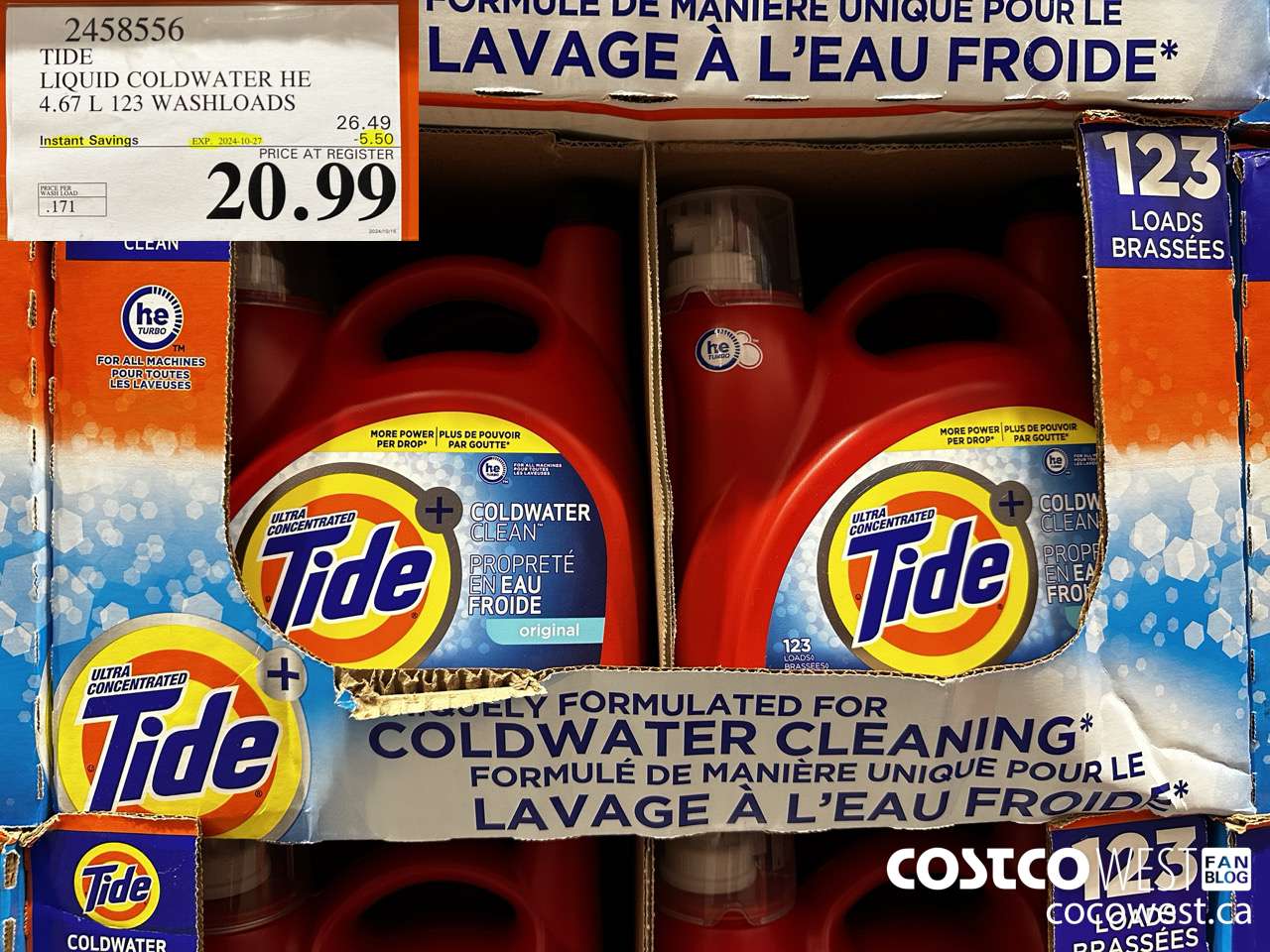 2458556 TIDE LIQUID COLDWATER HE 4.67 L 123 WASHLOADS ($5.50 INSTANT SAVINGS EXPIRES ON 2024-10-27) $20.99