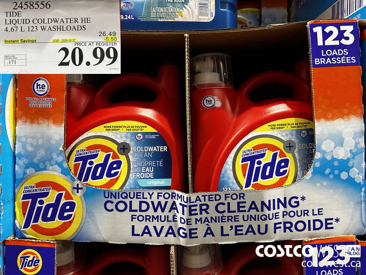 2458556 TIDE LIQUID COLDWATER HE 4.67 L 123 WASHLOADS ($5.50 INSTANT SAVINGS EXPIRES ON 2024-10-27) $20.99