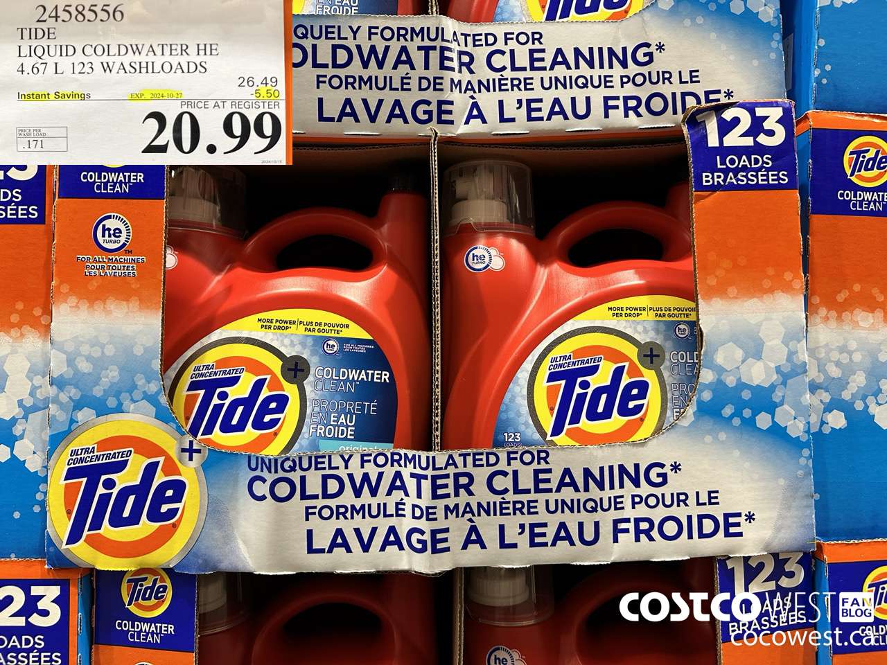 2458556 TIDE LIQUID COLDWATER HE 4.67 L 123 WASHLOADS ($5.50 INSTANT SAVINGS EXPIRES ON 2024-10-27) $20.99