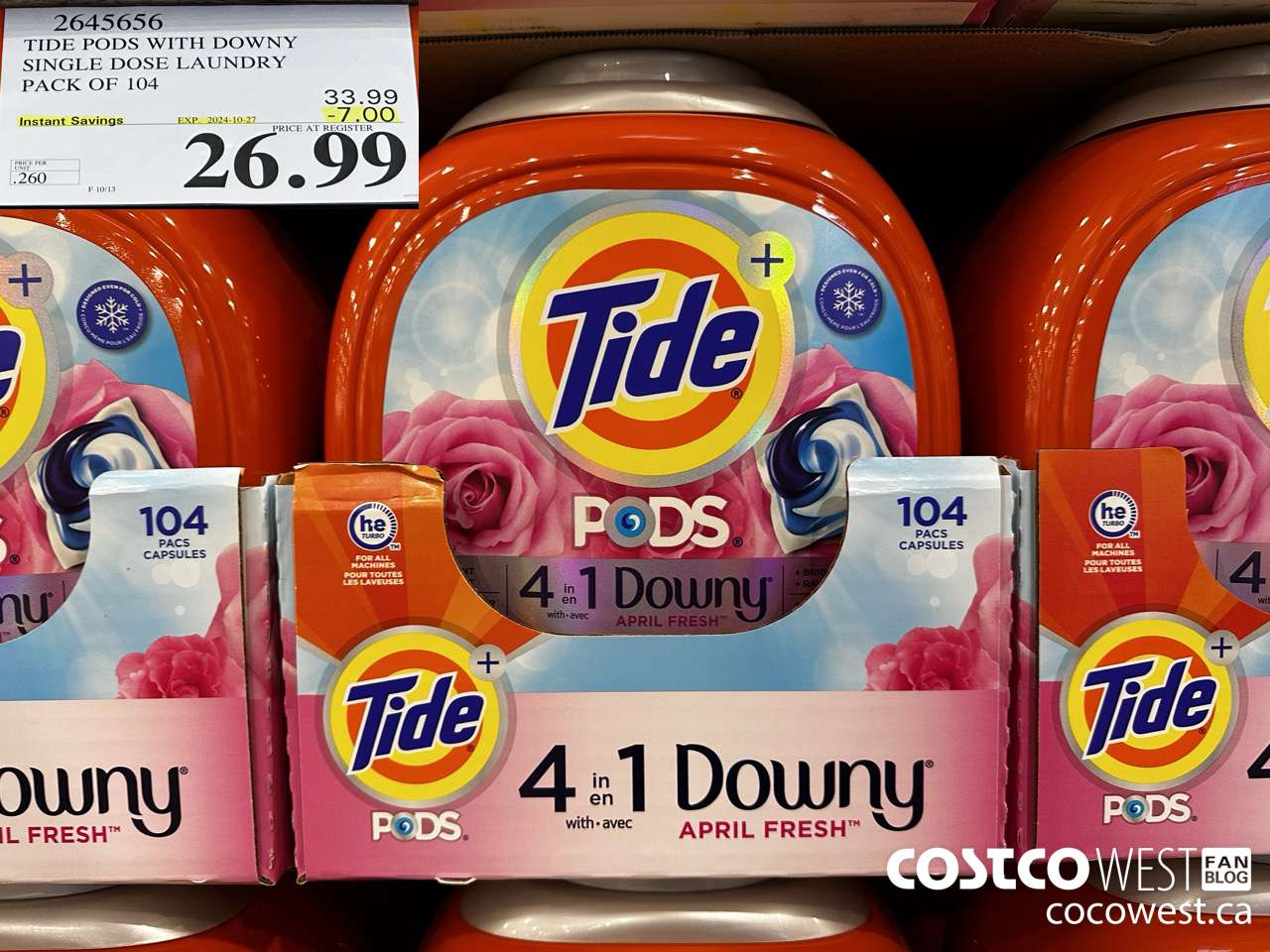 2645656 TIDE PODS WITH DOWNY SINGLE DOSE LAUNDRY PACK OF 104 ($7.00 INSTANT SAVINGS EXPIRES ON 2024-10-27) $26.99