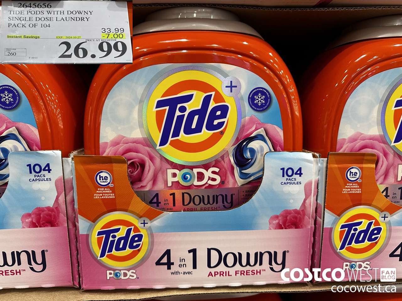 2645656 TIDE PODS WITH DOWNY SINGLE DOSE LAUNDRY PACK OF 104 ($7.00 INSTANT SAVINGS EXPIRES ON 2024-10-27) $26.99