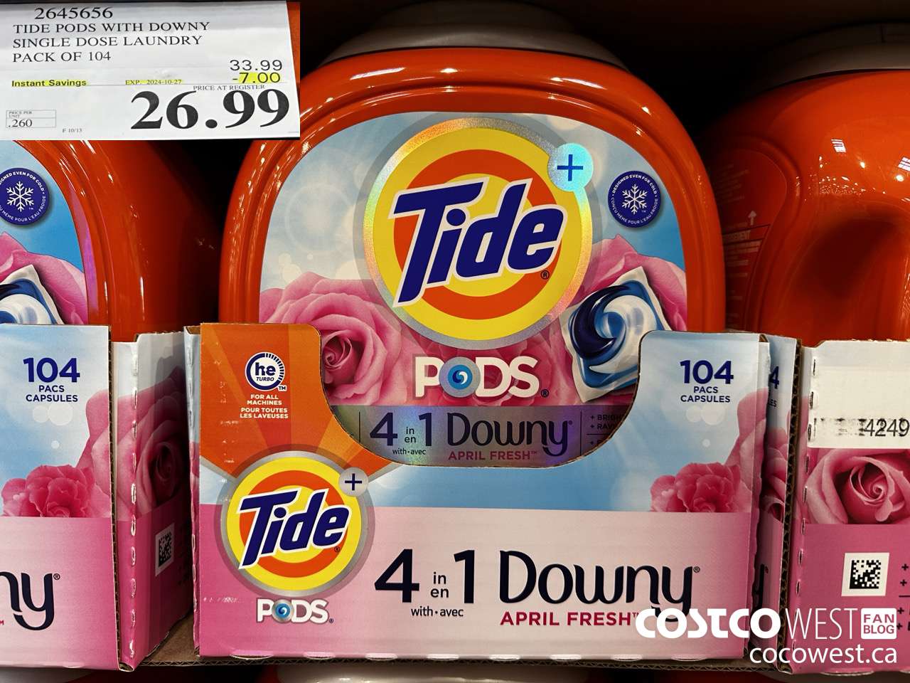 2645656 TIDE PODS WITH DOWNY SINGLE DOSE LAUNDRY PACK OF 104 ($7.00 INSTANT SAVINGS EXPIRES ON 2024-10-27) $26.99
