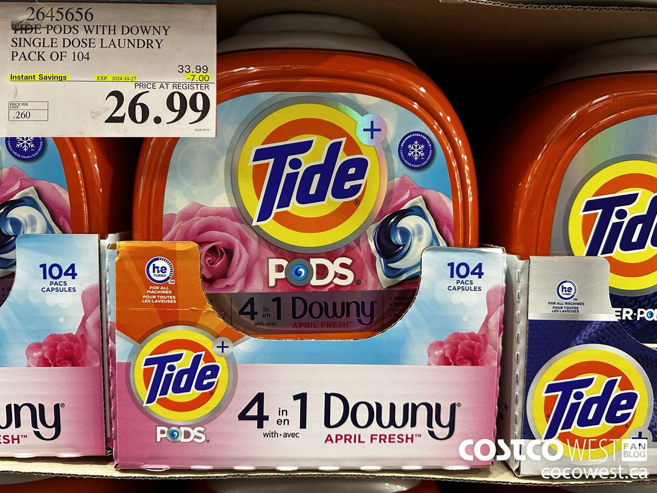 2645656 TIDE PODS WITH DOWNY SINGLE DOSE LAUNDRY PACK OF 104 ($7.00 INSTANT SAVINGS EXPIRES ON 2024-10-27) $26.99