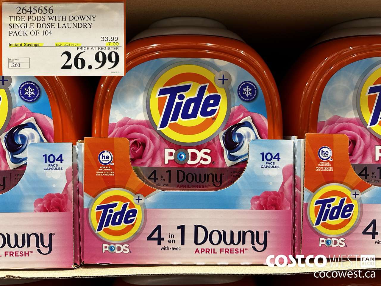 2645656 TIDE PODS WITH DOWNY SINGLE DOSE LAUNDRY PACK OF 104 ($7.00 INSTANT SAVINGS EXPIRES ON 2024-10-27) $26.99
