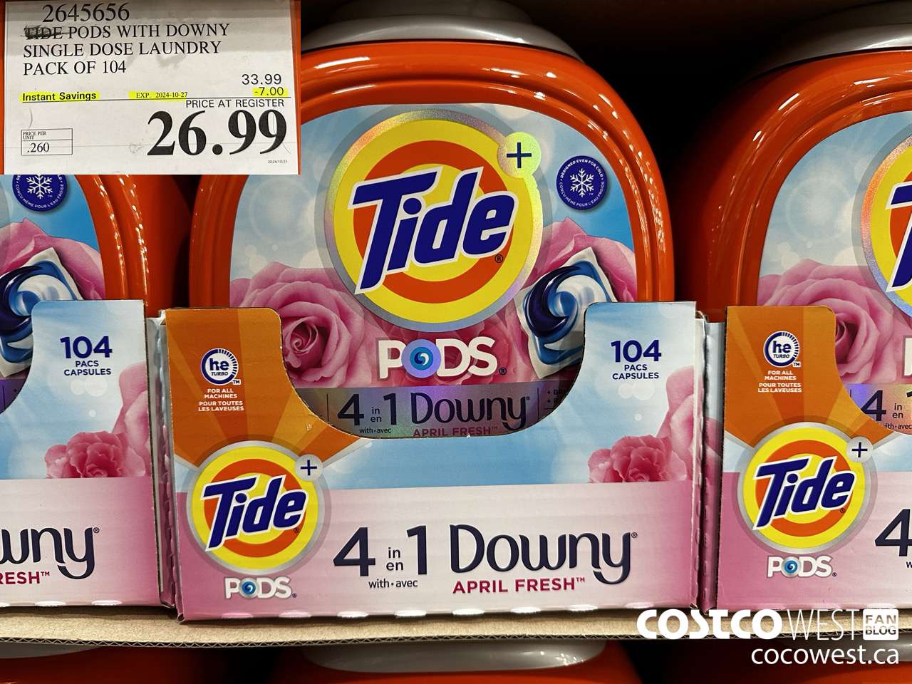 2645656 TIDE PODS WITH DOWNY SINGLE DOSE LAUNDRY PACK OF 104 ($7.00 INSTANT SAVINGS EXPIRES ON 2024-10-27) $26.99