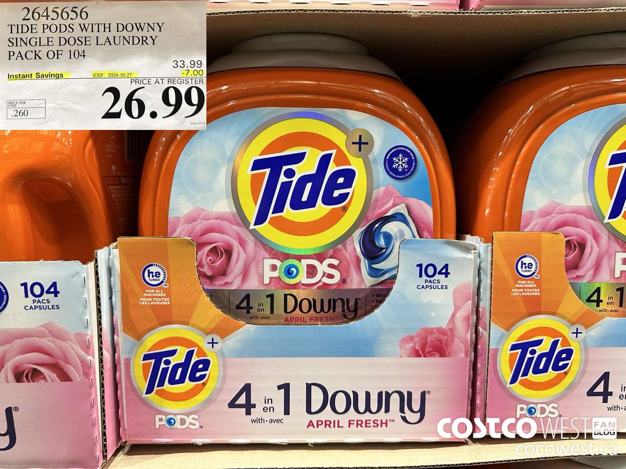 2645656 TIDE PODS WITH DOWNY SINGLE DOSE LAUNDRY PACK OF 104 ($7.00 INSTANT SAVINGS EXPIRES ON 2024-10-27) $26.99