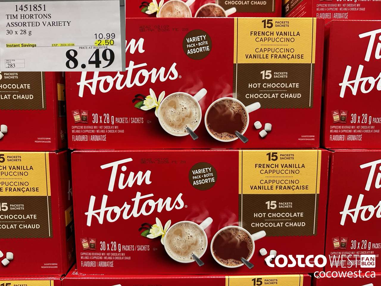 1451851 TIM HORTONS ASSORTED VARIETY 30 X 28 G ($2.50 INSTANT SAVINGS EXPIRES ON 2024-10-06) $8.49