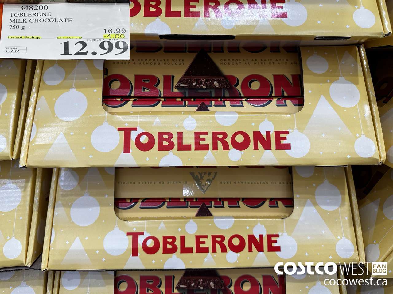 348200 TOBLERONE MILK CHOCOLATE 750 G ($4.00 INSTANT SAVINGS EXPIRES ON 2024-10-20) $12.99