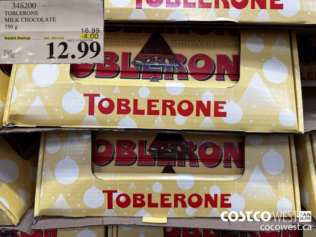 348200 TOBLERONE MILK CHOCOLATE 750 G ($4.00 INSTANT SAVINGS EXPIRES ON 2024-10-20) $12.99