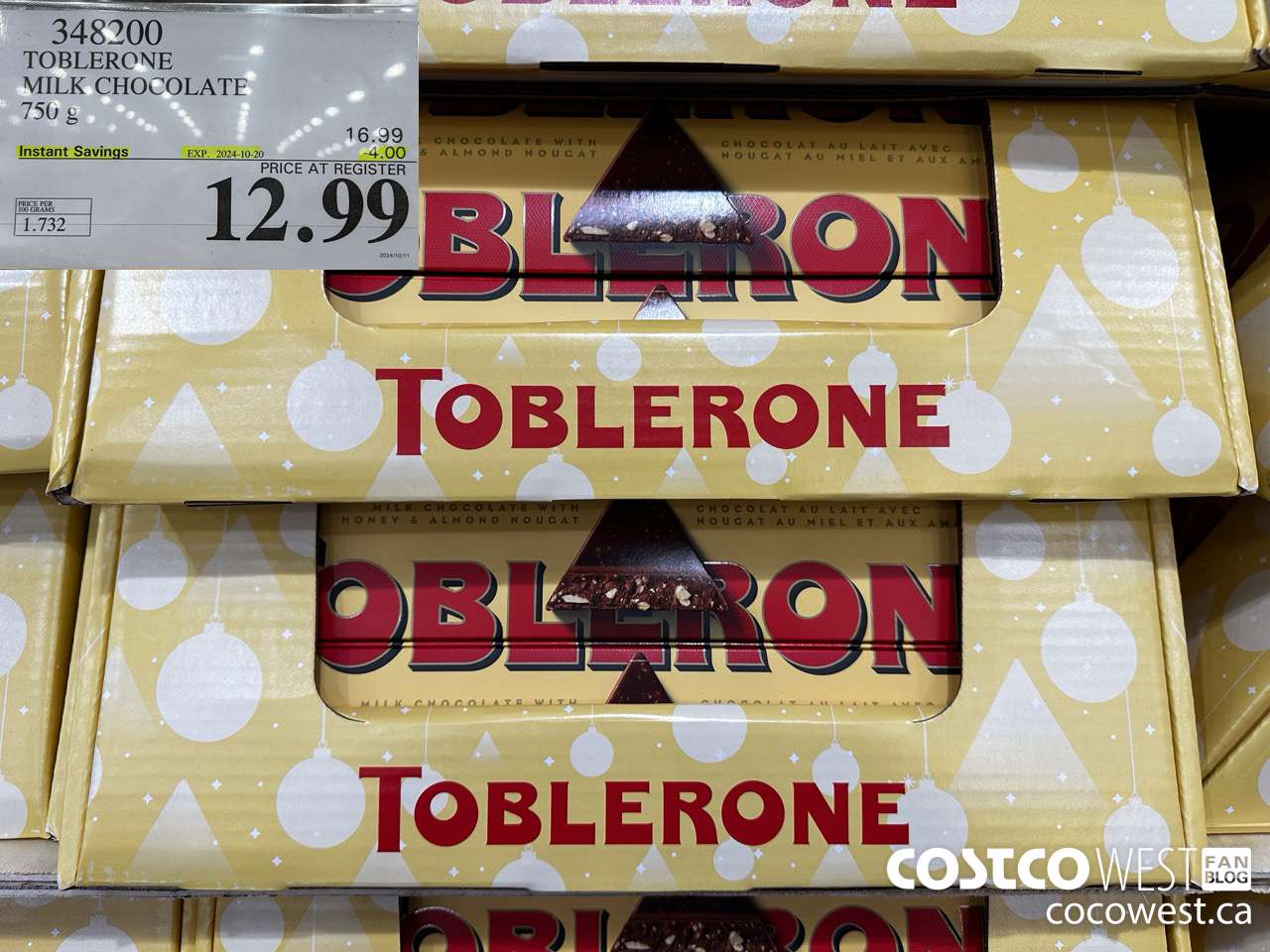 348200 TOBLERONE MILK CHOCOLATE 750 G ($4.00 INSTANT SAVINGS EXPIRES ON 2024-10-20) $12.99