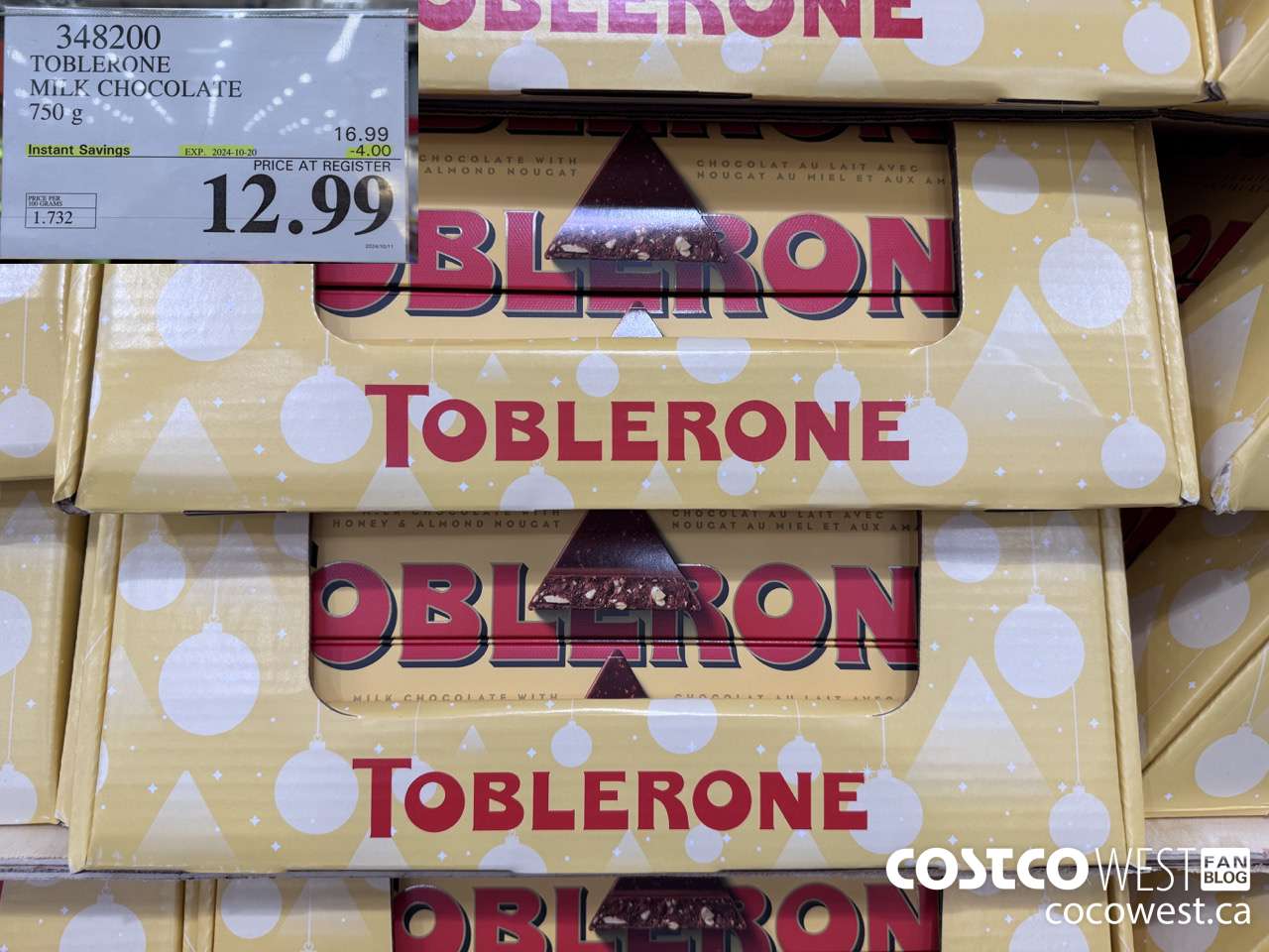 348200 TOBLERONE MILK CHOCOLATE 750 G ($4.00 INSTANT SAVINGS EXPIRES ON 2024-10-20) $12.99