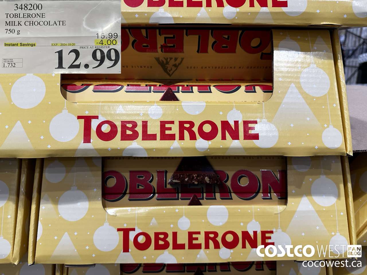 348200 TOBLERONE MILK CHOCOLATE 750 G ($4.00 INSTANT SAVINGS EXPIRES ON 2024-10-20) $12.99