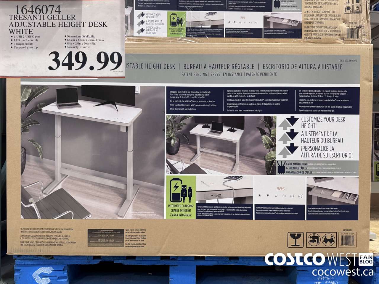 1646074 TRESANTI GELLER ADJUSTABLE HEIGHT DESK WHITE $349.99