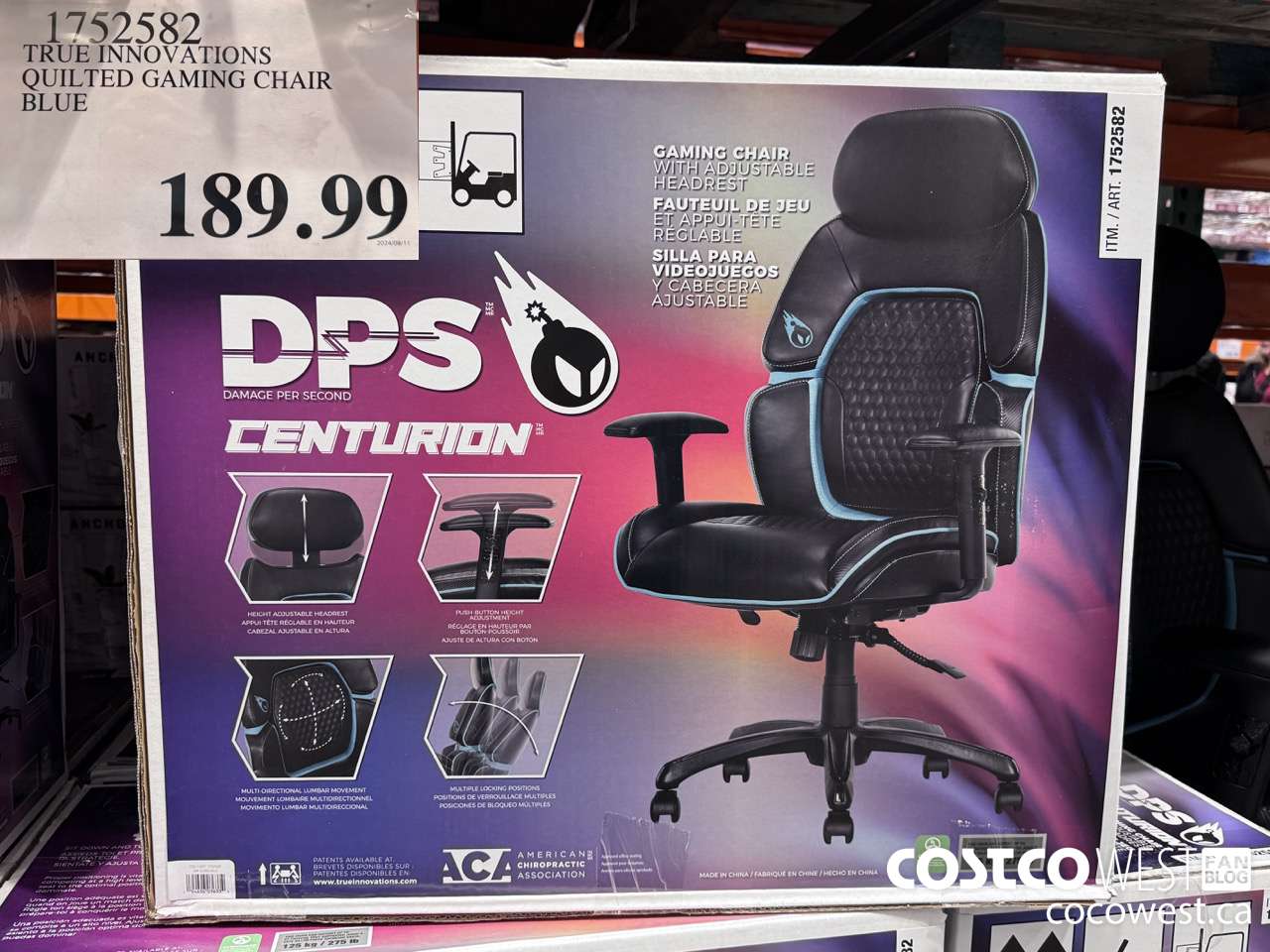 1752582 TRUE INNOVATIONS QUILTED GAMING CHAIR BLUE $189.99