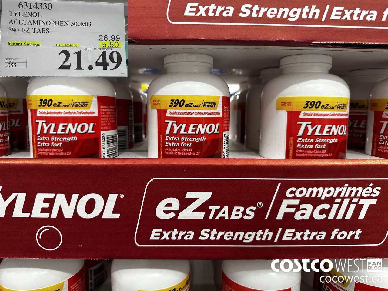 6314330 TYLENOL ACETAMINOPHEN 500MG 390 EZ TABS ($5.50 INSTANT SAVINGS EXPIRES ON 2024-10-20) $21.49