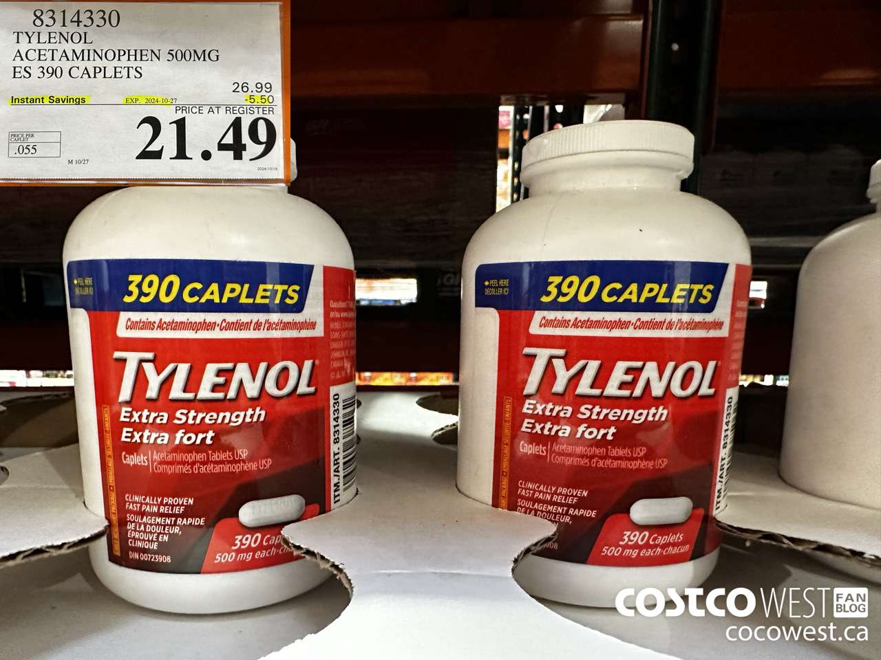 8314330 TYLENOL ACETAMINOPHEN 500MG ES 390 CAPLETS ($5.50 INSTANT SAVINGS EXPIRES ON 2024-10-27) $21.49