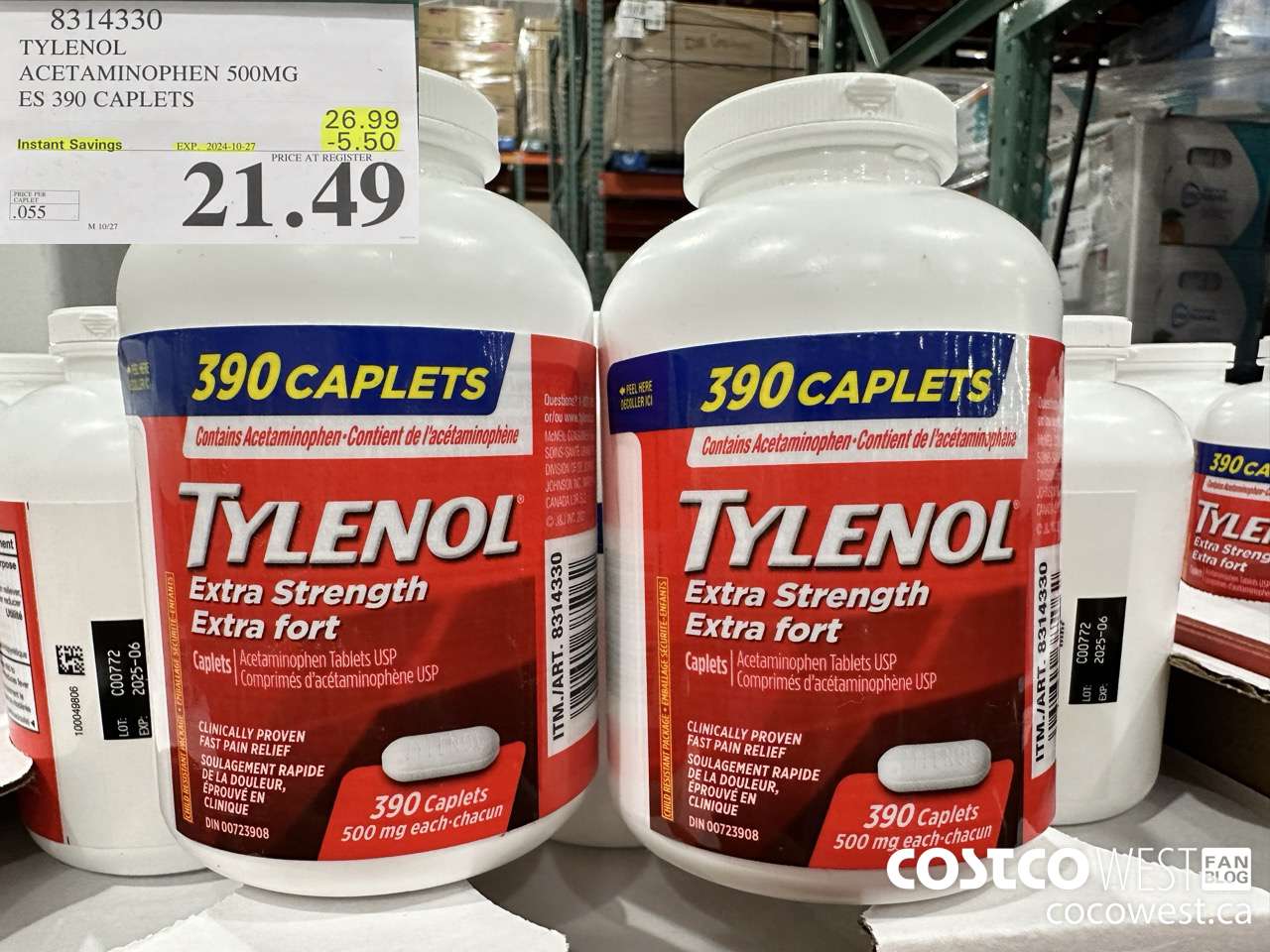 8314330 TYLENOL ACETAMINOPHEN 500MG ES 390 CAPLETS ($5.50 INSTANT SAVINGS EXPIRES ON 2024-10-27) $21.49