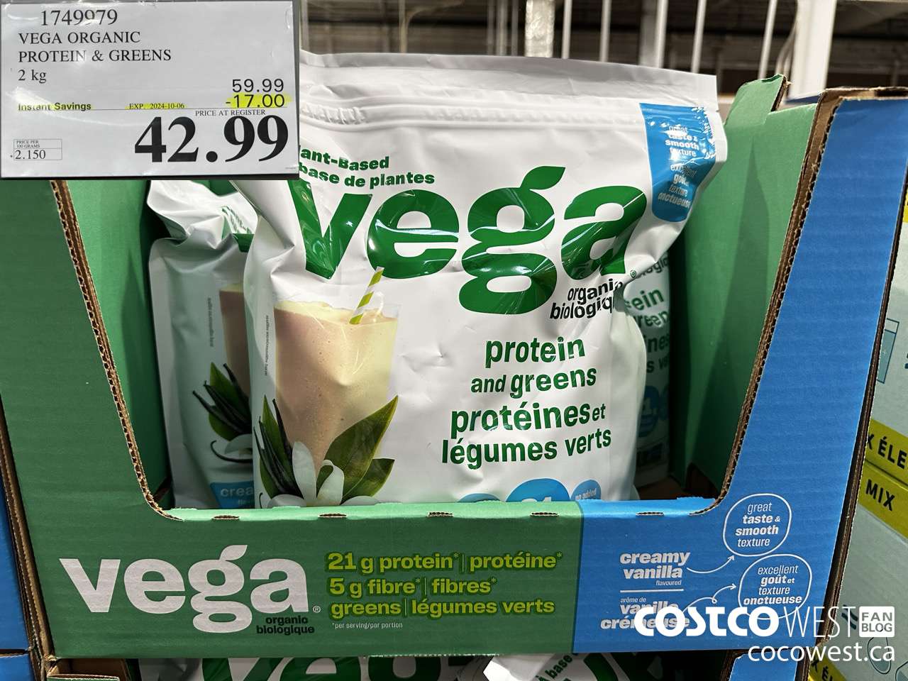 1749979 VEGA ORGANIC PROTEIN & GREENS 2 KG ($17.00 INSTANT SAVINGS EXPIRES ON 2024-10-06) $42.99