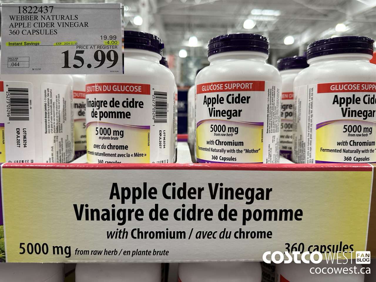 1822437 WEBBER NATURALS APPLE CIDER VINEGAR 360 CAPSULES ($4.00 INSTANT SAVINGS EXPIRES ON 2024-11-10) $15.99