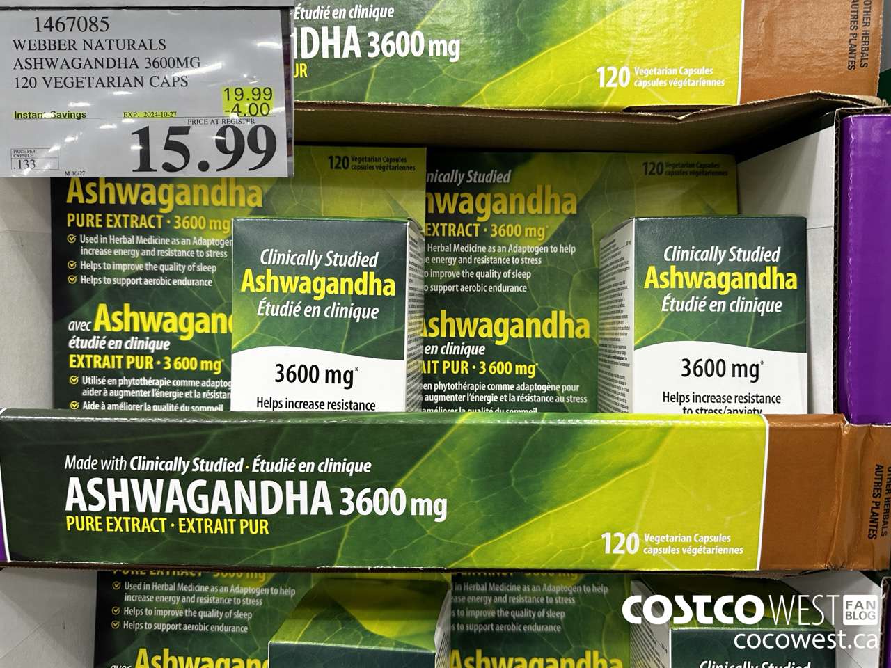 1467085 WEBBER NATURALS ASHWAGANDHA 3600MG 120 VEGETARIAN CAPSULES ($4.00 INSTANT SAVINGS EXPIRES ON 2024-10-27) $15.99