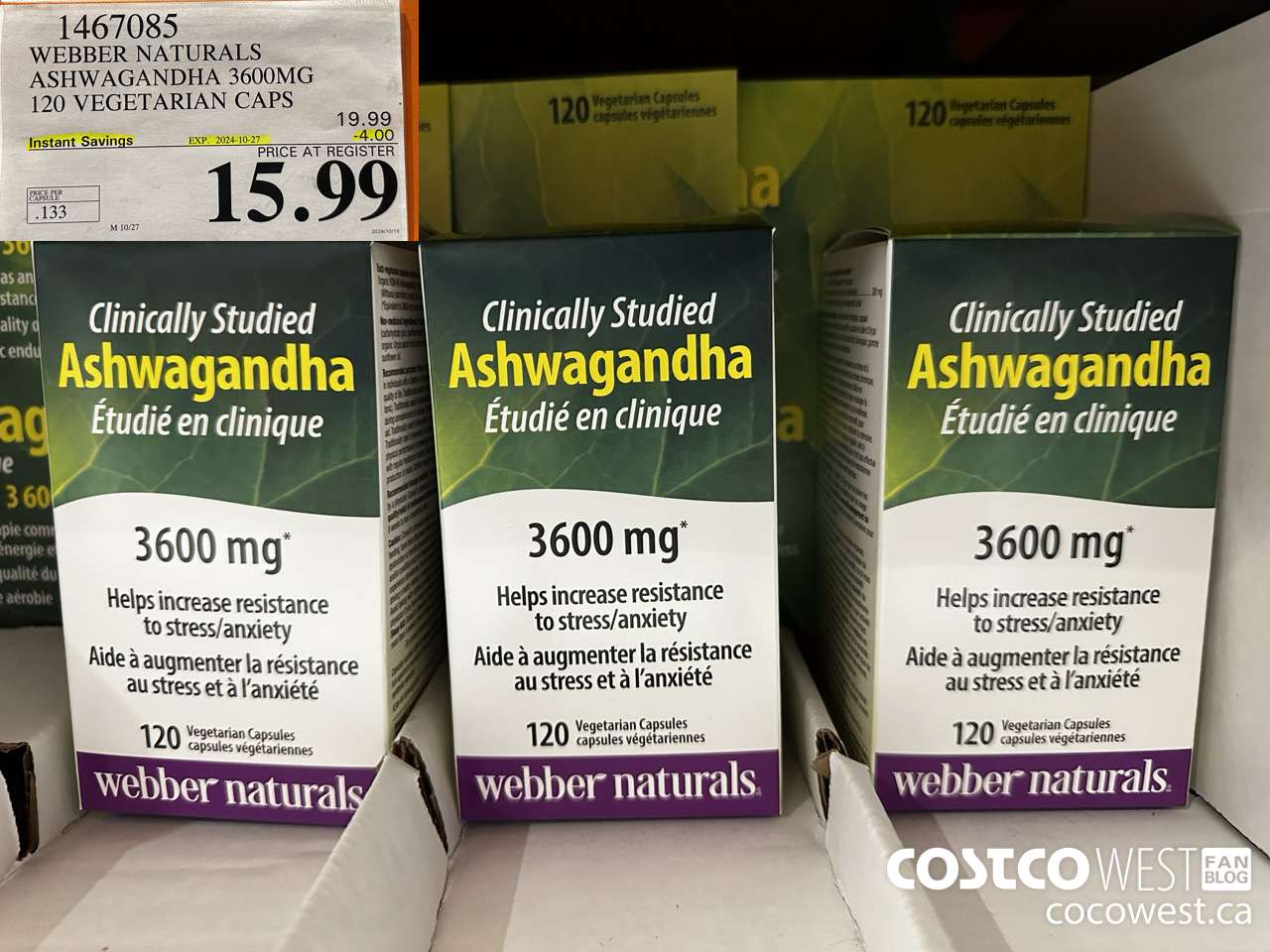 1467085 WEBBER NATURALS ASHWAGANDHA 3600MG 120 VEGETARIAN CAPSULES ($4.00 INSTANT SAVINGS EXPIRES ON 2024-10-27) $15.99