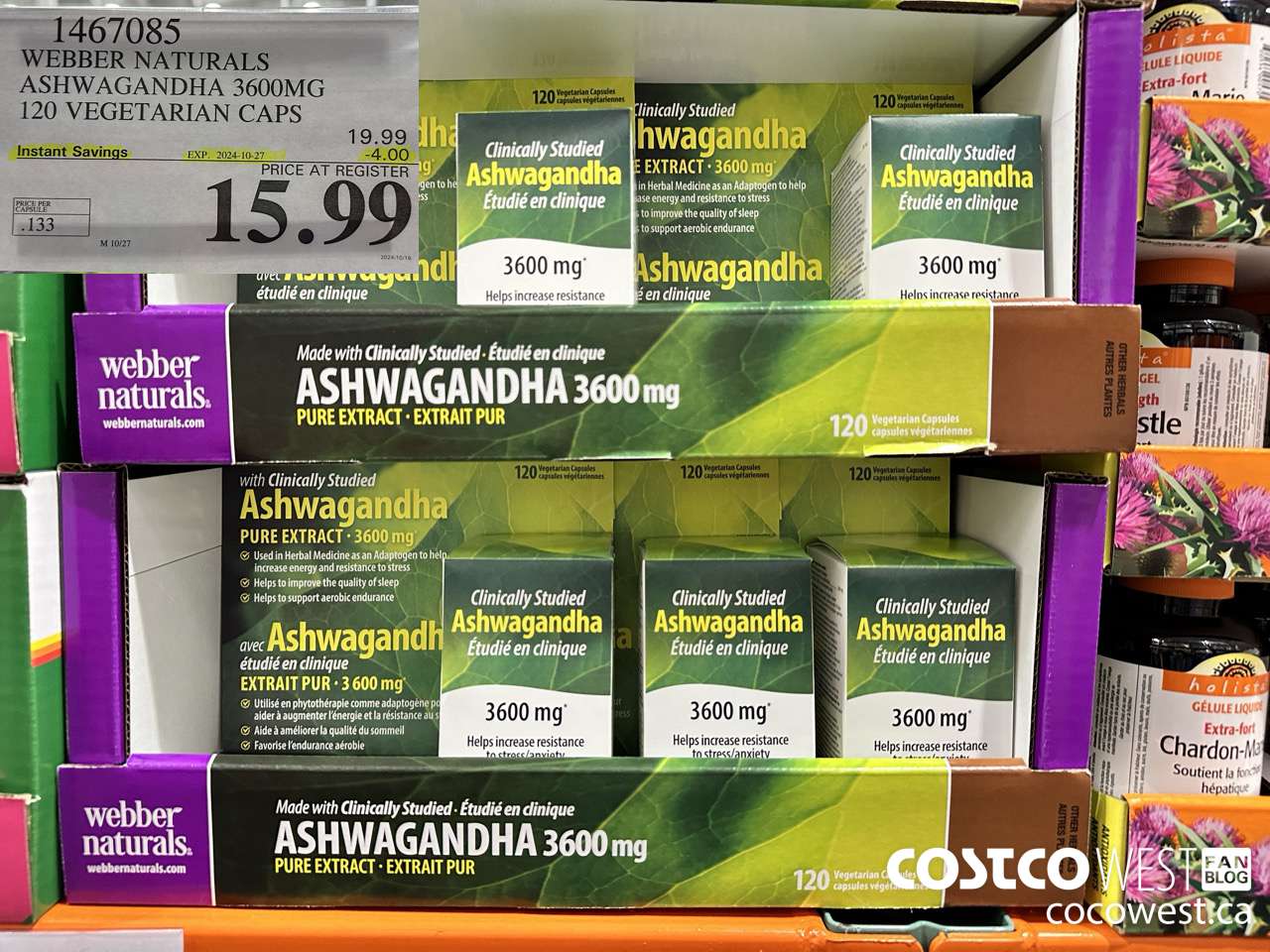 1467085 WEBBER NATURALS ASHWAGANDHA 3600MG 120 VEGETARIAN CAPSULES ($4.00 INSTANT SAVINGS EXPIRES ON 2024-10-27) $15.99