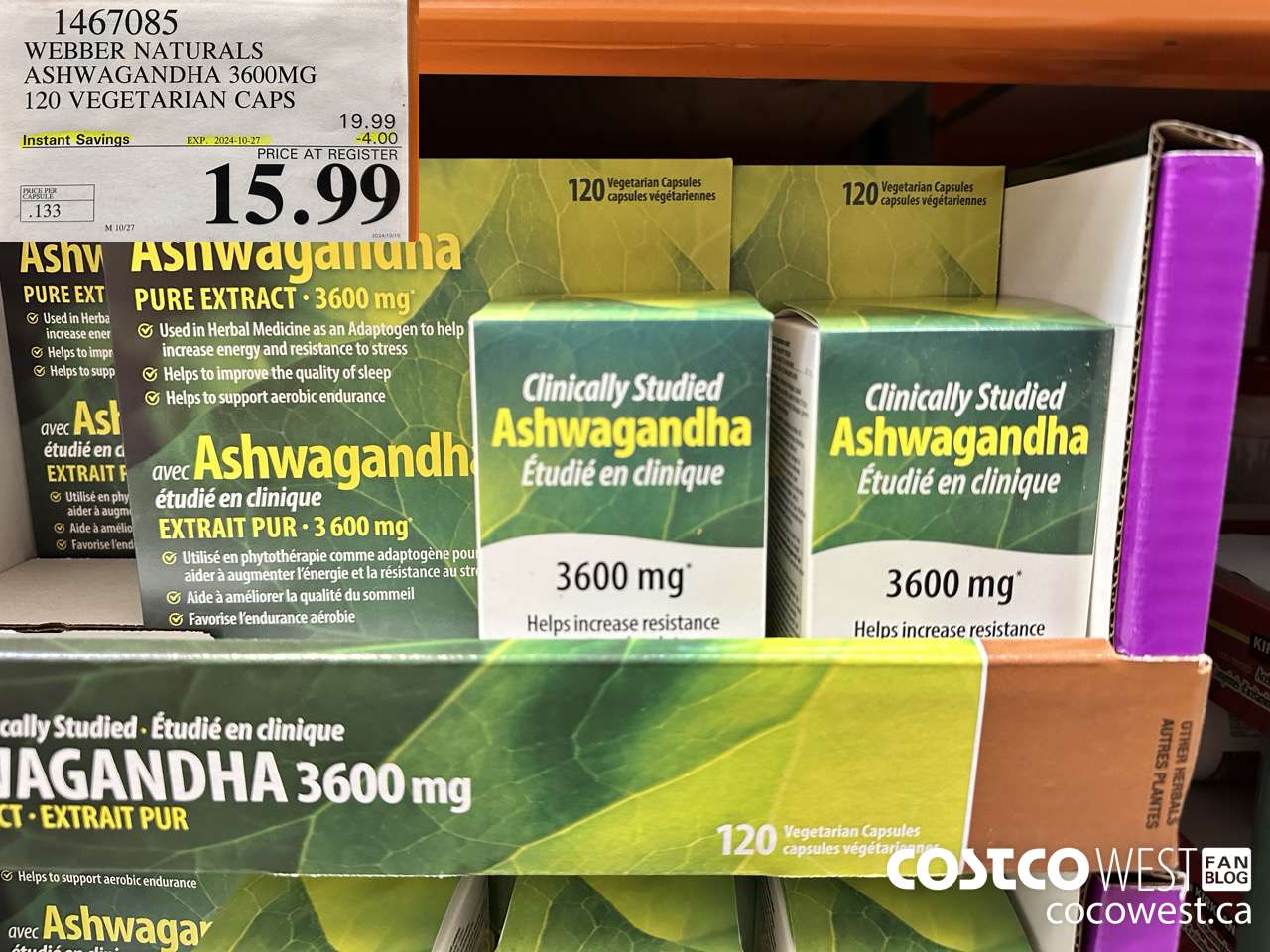 1467085 WEBBER NATURALS ASHWAGANDHA 3600MG 120 VEGETARIAN CAPSULES ($4.00 INSTANT SAVINGS EXPIRES ON 2024-10-27) $15.99