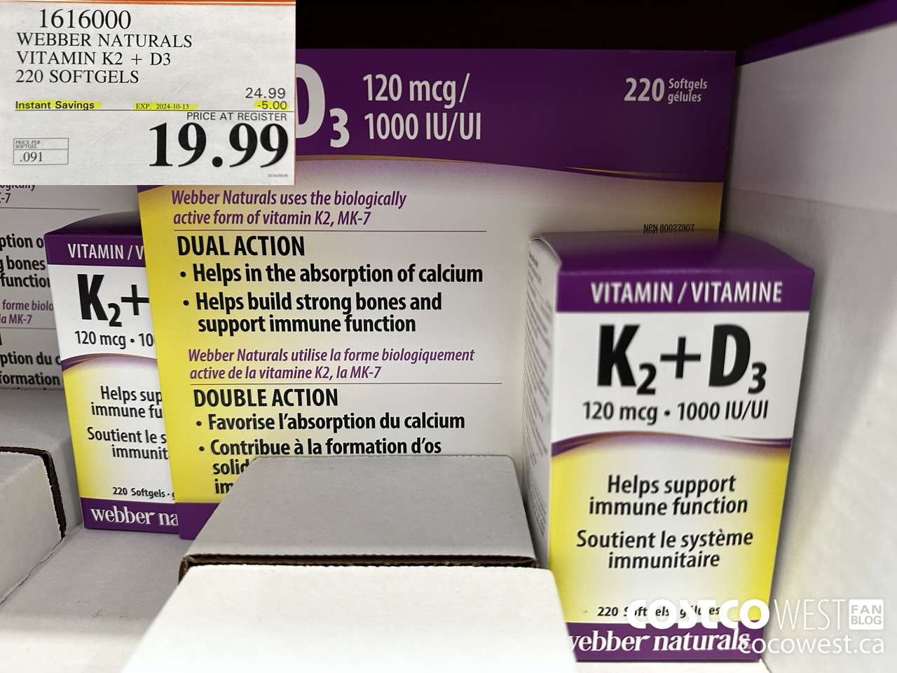 1616000 WEBBER NATURALS VITAMIN K2+D3 220 SOFTGELS ($5.00 INSTANT SAVINGS EXPIRES ON 2024-10-13) $19.99