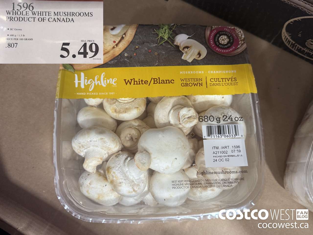 1596 WHOLE WHITE MUSHROOMS PRODUCT OF CANADA $5.49