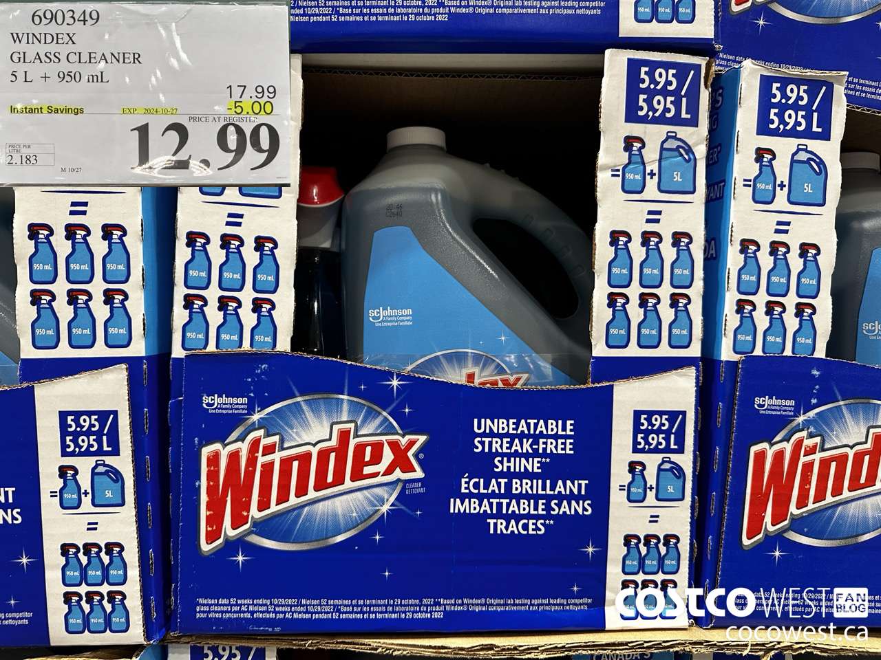 690349 WINDEX GLASS CLEANER 5L + 950ML ($5.00 INSTANT SAVINGS EXPIRES ON 2024-10-27) $12.99