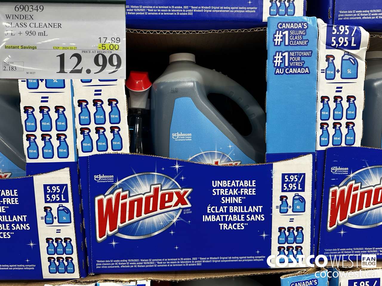 690349 WINDEX GLASS CLEANER 5L + 950ML ($5.00 INSTANT SAVINGS EXPIRES ON 2024-10-27) $12.99