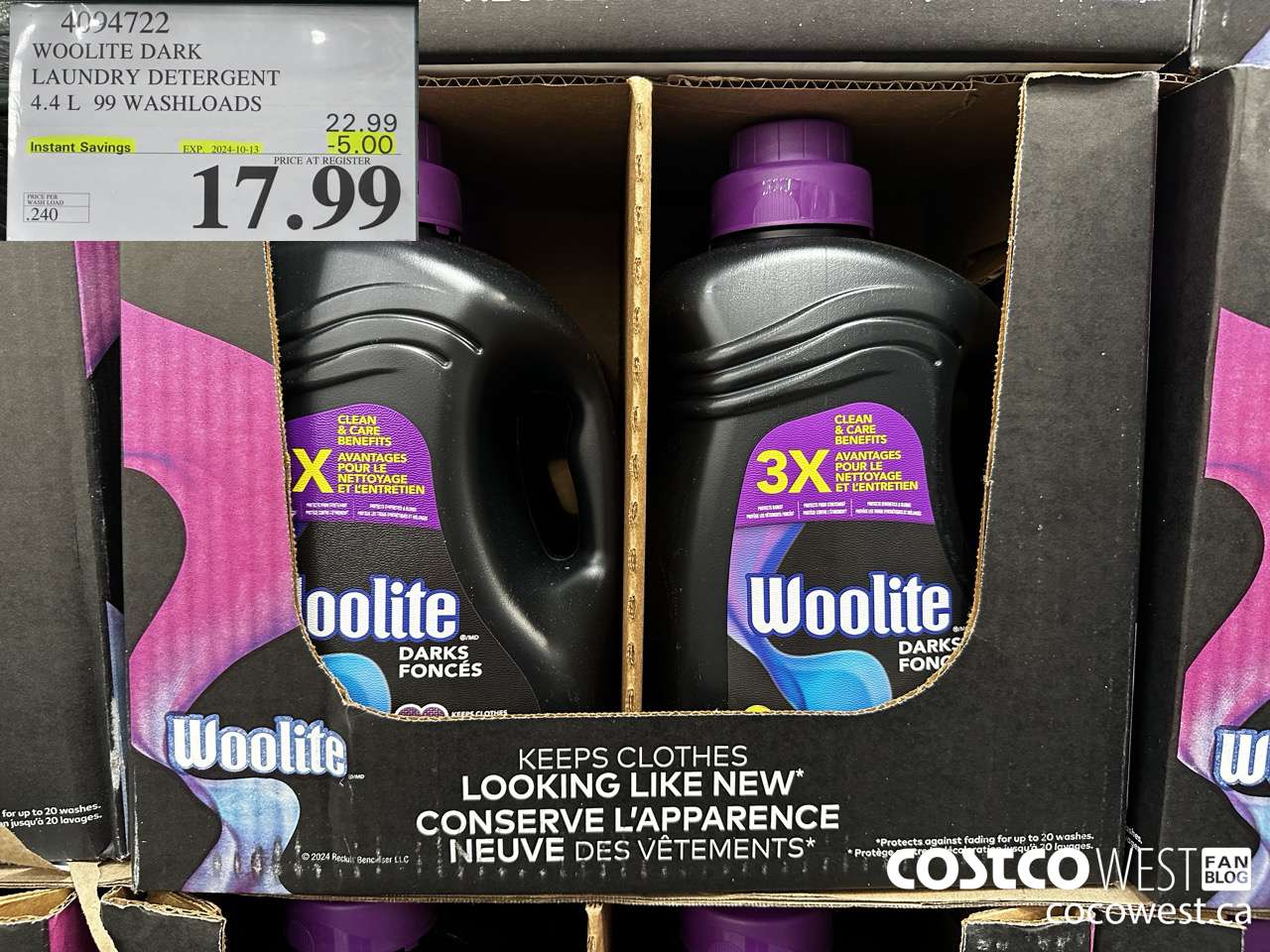 4094722 WOOLITE DARK LAUNDRY DETERGENT 4.4L 99 WASHLOADS ($5.00 INSTANT SAVINGS EXPIRES ON 2024-10-13) $17.99