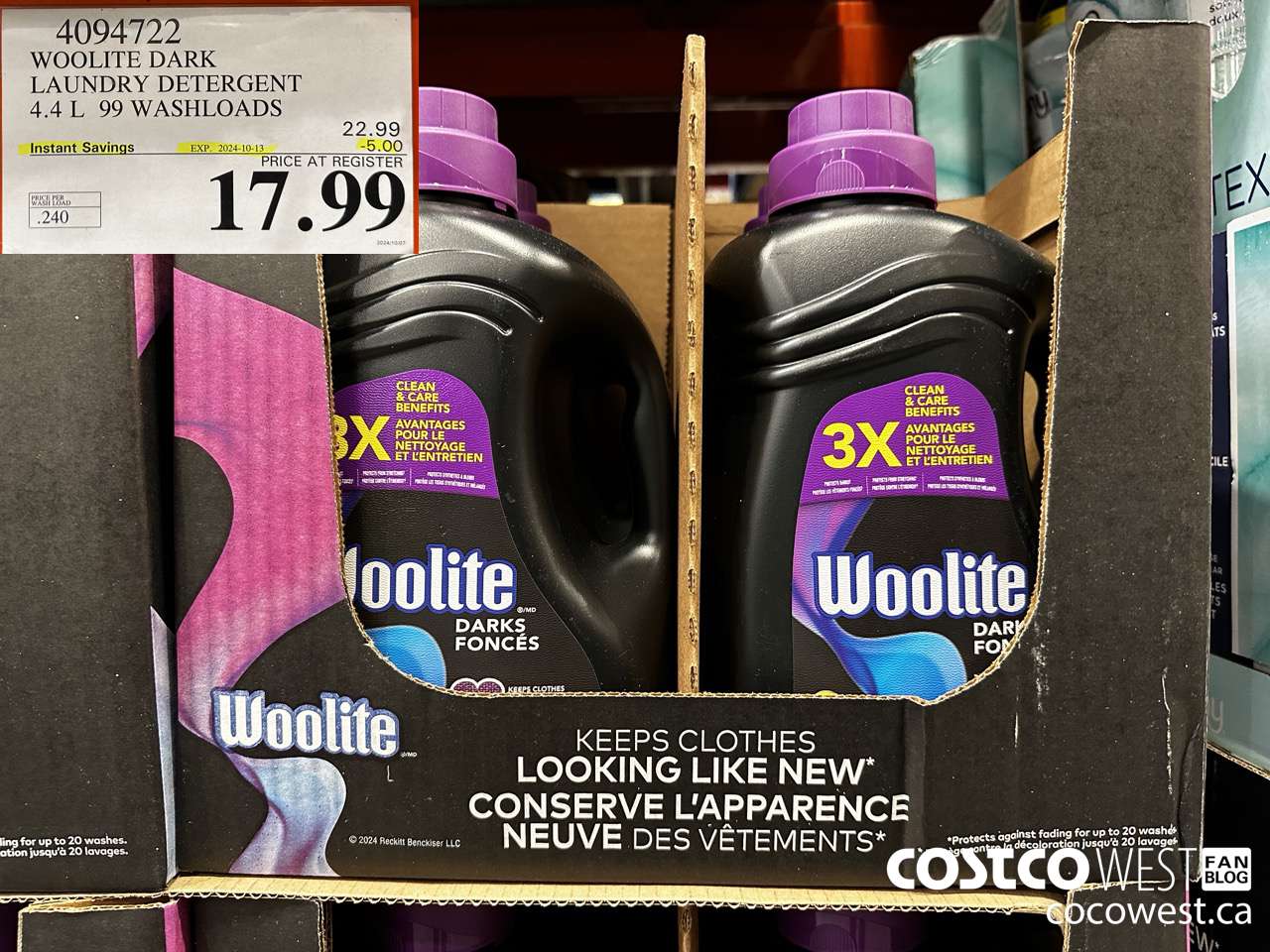 4094722 WOOLITE DARK LAUNDRY DETERGENT 4.4L 99 WASHLOADS ($5.00 INSTANT SAVINGS EXPIRES ON 2024-10-13) $17.99