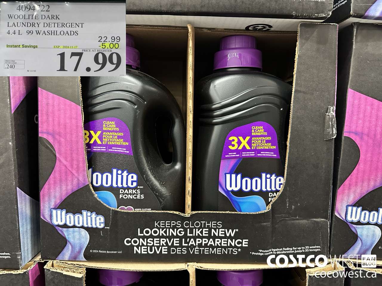 4094722 WOOLITE DARK LAUNDRY DETERGENT 4.4L 99 WASHLOADS ($5.00 INSTANT SAVINGS EXPIRES ON 2024-11-17) $17.99