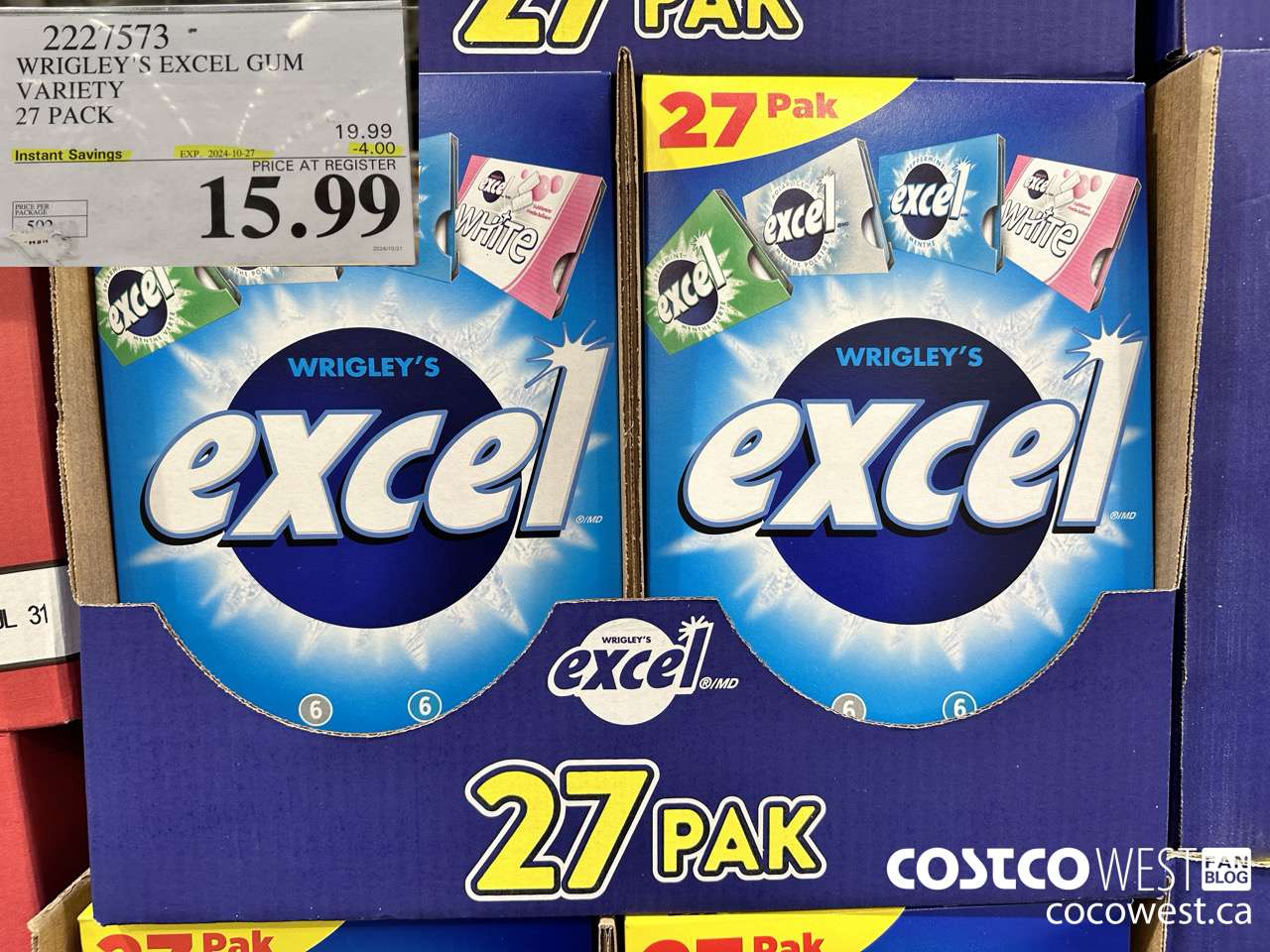 2227573 WRIGLEY'S EXCEL GUM VARIETY 27 PACK ($4.00 INSTANT SAVINGS EXPIRES ON 2024-10-27) $15.99