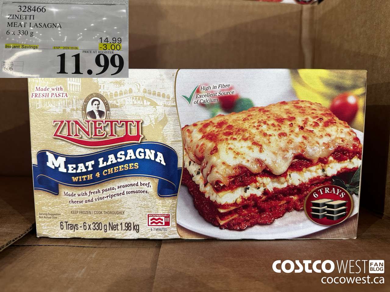 328466 ZINETTI MEAT LASAGNA 6 x 330 g ($3.00 INSTANT SAVINGS EXPIRES ON 2024-10-06) $11.99