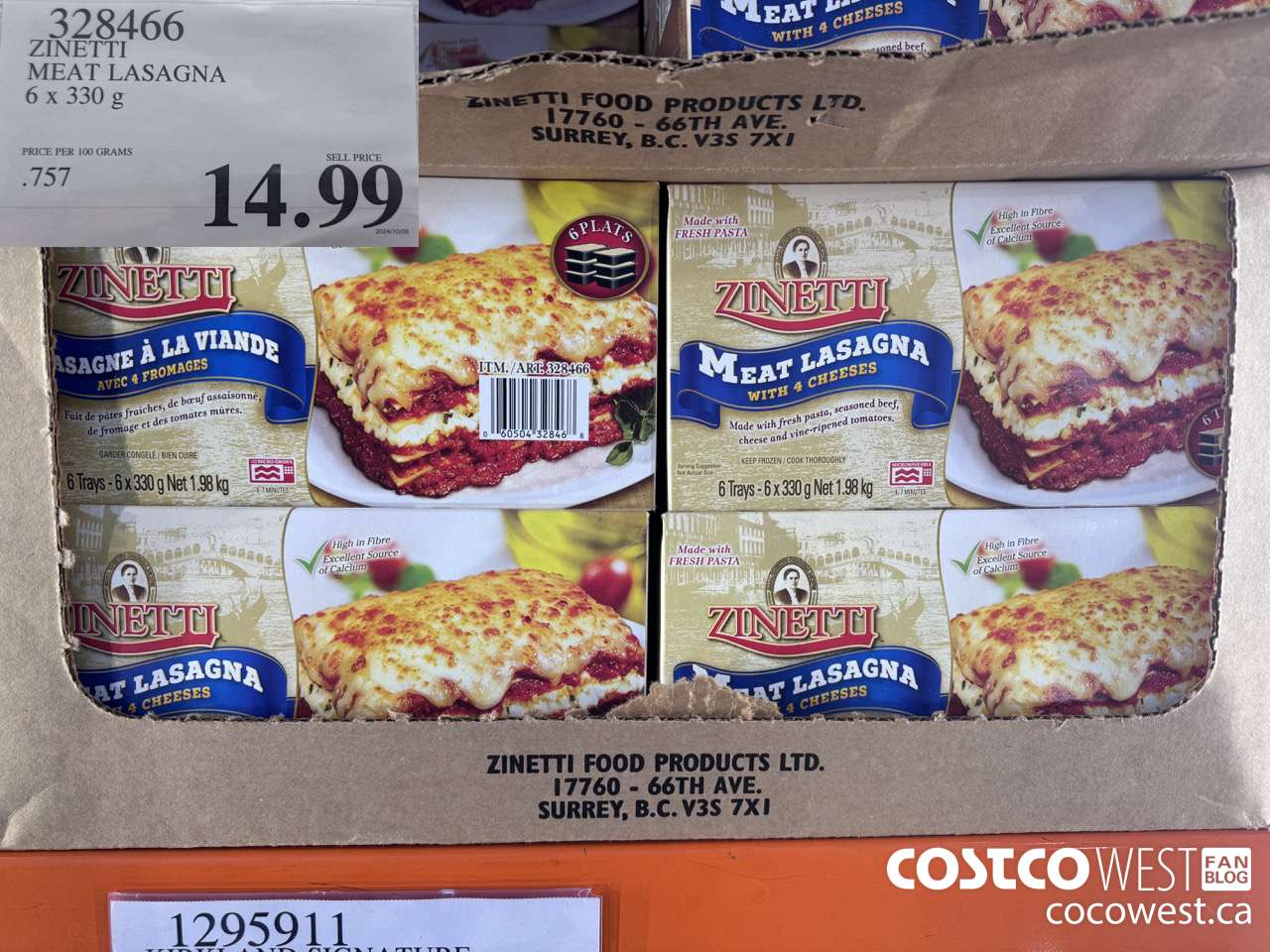328466 ZINETTI MEAT LASAGNA 6 x 330 g $14.99