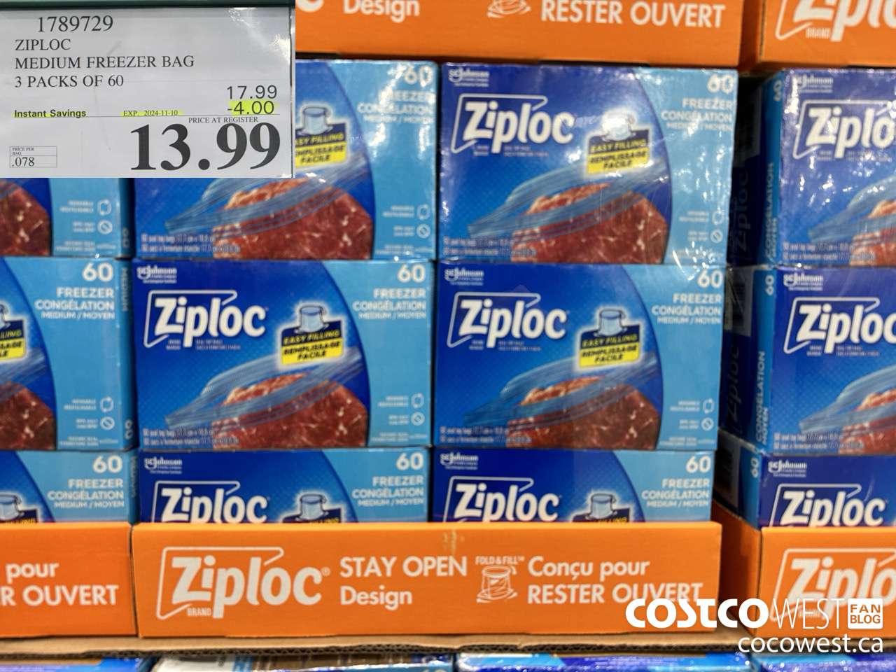 1789729 ZIPLOC MEDIUM FREEZER BAG 3 x 60 ($4.00 INSTANT SAVINGS EXPIRES ON 2024-11-10) $13.99
