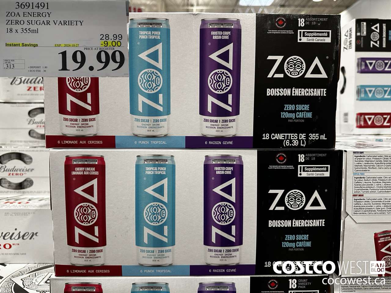 3691491 ZOA ENERGY ZERO SUGAR VARIETY 18 X 355ML ($9.00 INSTANT SAVINGS EXPIRES ON 2024-10-27) $19.99
