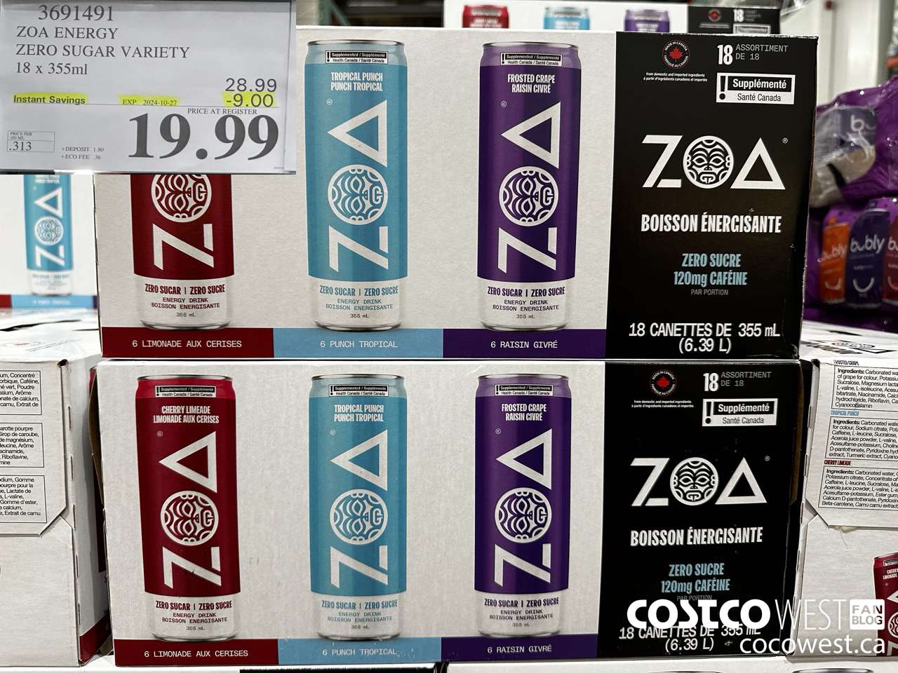 3691491 ZOA ENERGY ZERO SUGAR VARIETY 18 X 355ML ($9.00 INSTANT SAVINGS EXPIRES ON 2024-10-27) $19.99