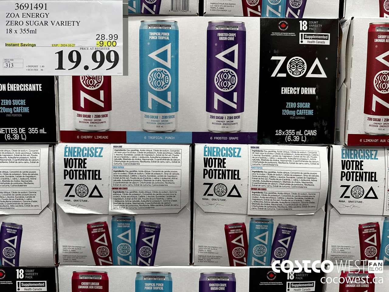 3691491 ZOA ENERGY ZERO SUGAR VARIETY 18 X 355ML ($9.00 INSTANT SAVINGS EXPIRES ON 2024-10-27) $19.99