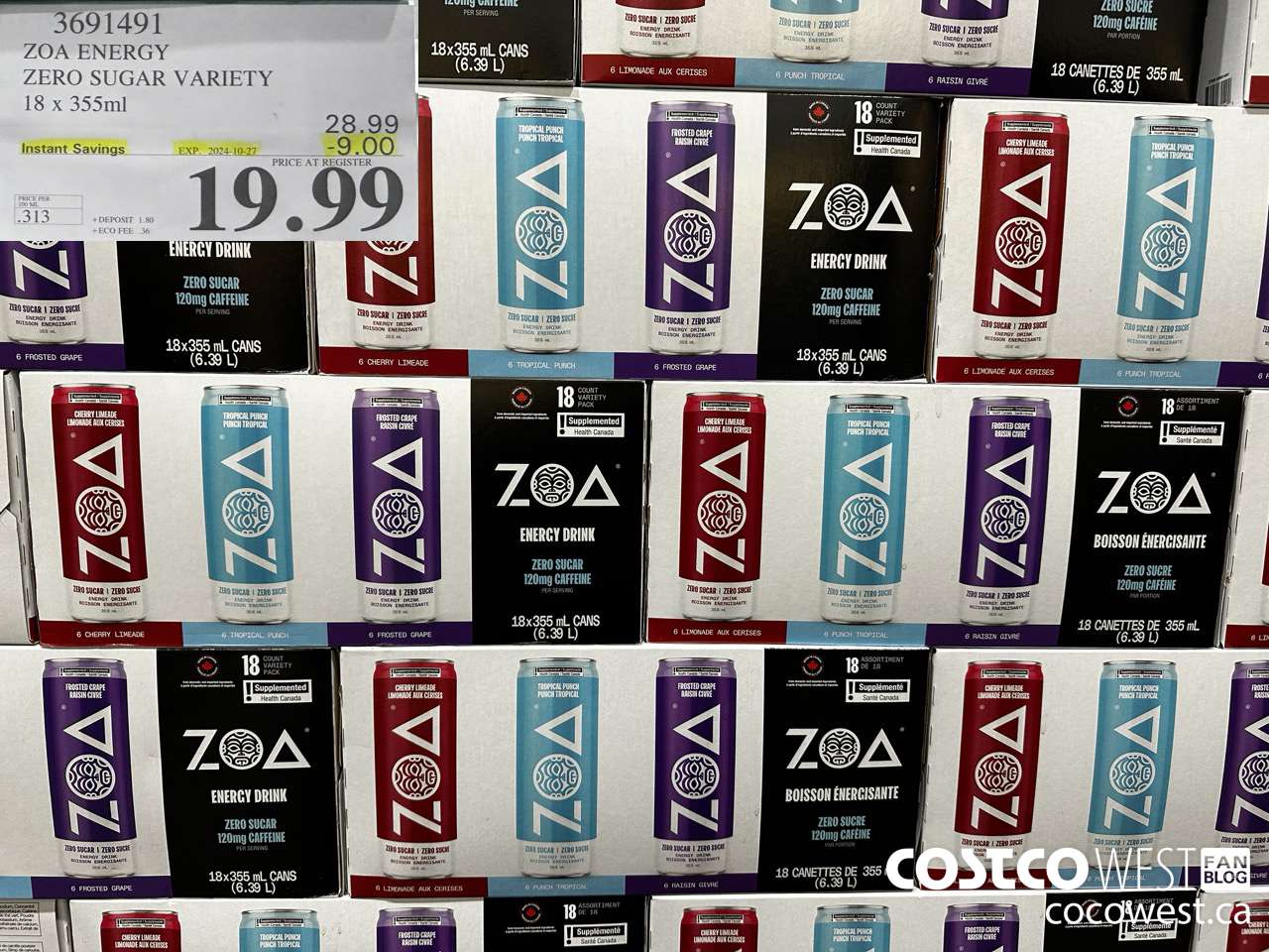 3691491 ZOA ENERGY ZERO SUGAR VARIETY 18 X 355ML ($9.00 INSTANT SAVINGS EXPIRES ON 2024-10-27) $19.99