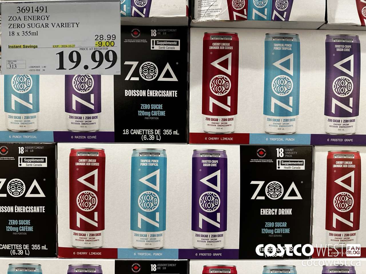 3691491 ZOA ENERGY ZERO SUGAR VARIETY 18 X 355ML ($9.00 INSTANT SAVINGS EXPIRES ON 2024-10-27) $19.99