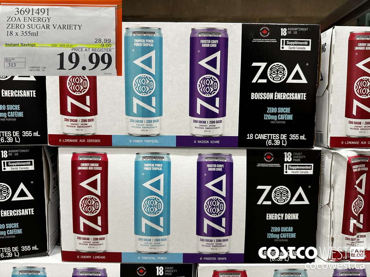 3691491 ZOA ENERGY ZERO SUGAR VARIETY 18 X 355ML ($9.00 INSTANT SAVINGS EXPIRES ON 2024-10-27) $19.99