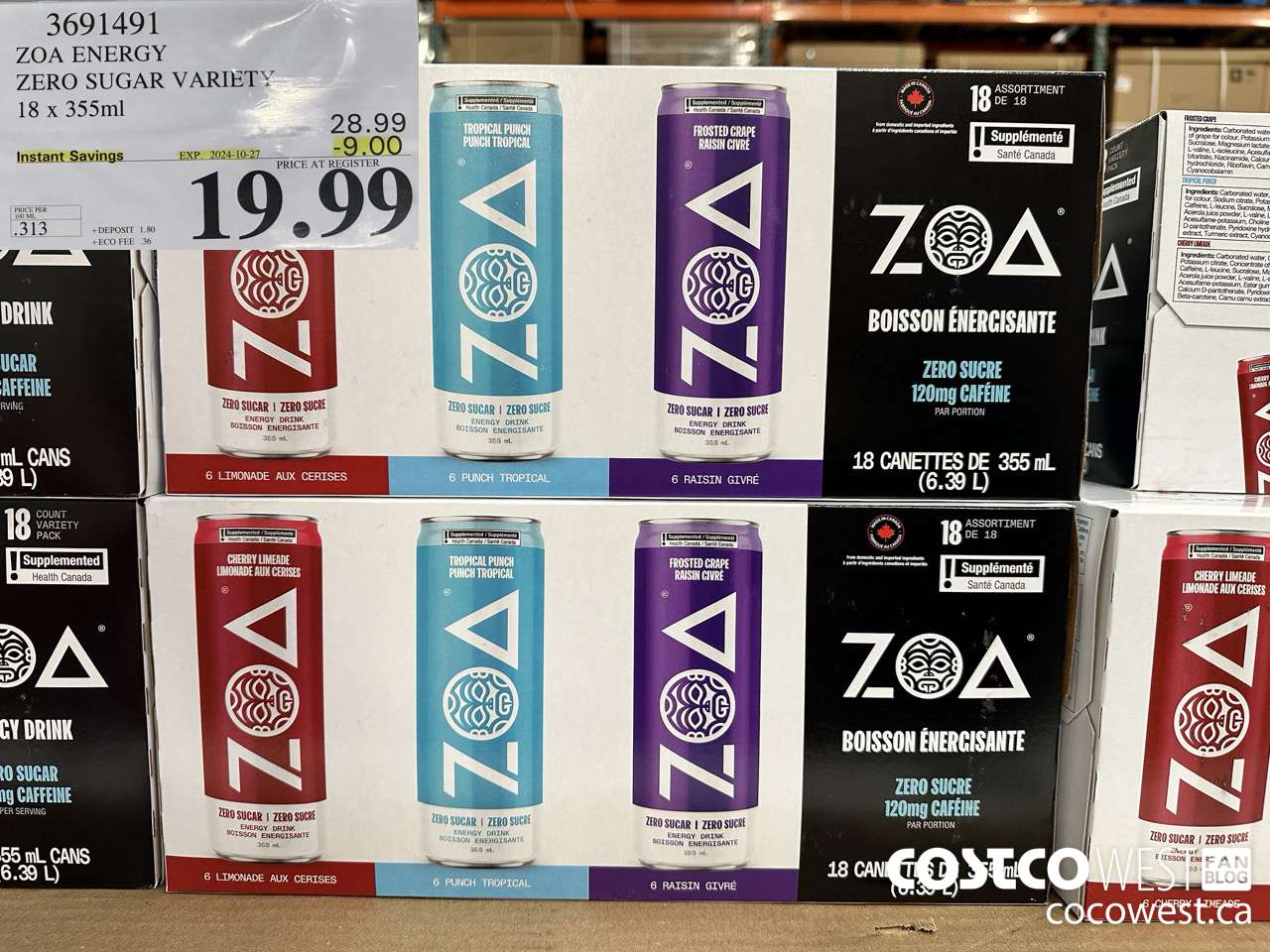 3691491 ZOA ENERGY ZERO SUGAR VARIETY 18 X 355ML ($9.00 INSTANT SAVINGS EXPIRES ON 2024-10-27) $19.99