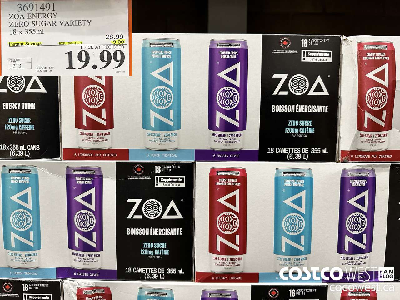 3691491 ZOA ENERGY ZERO SUGAR VARIETY 18 X 355ML ($9.00 INSTANT SAVINGS EXPIRES ON 2024-11-03) $19.99